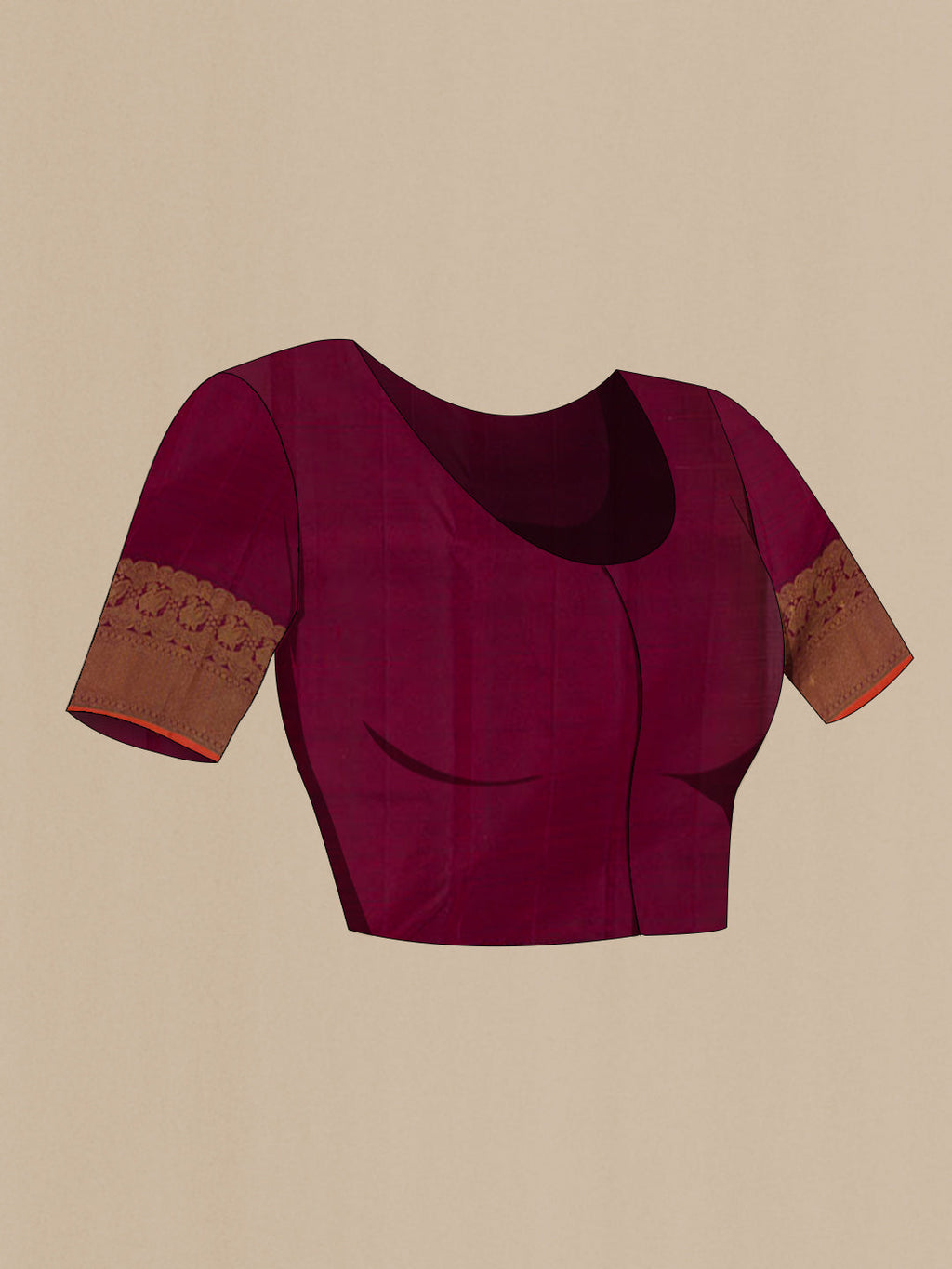 Close up image of the blouse of Off White Kanchipuram Silk Saree with Zari Butta on the body and Zari Border. 