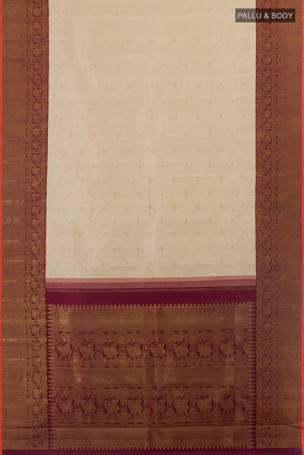 Flat view of Off White Kanchipuram Silk Saree with Zari Butta on the body and Zari Border. 