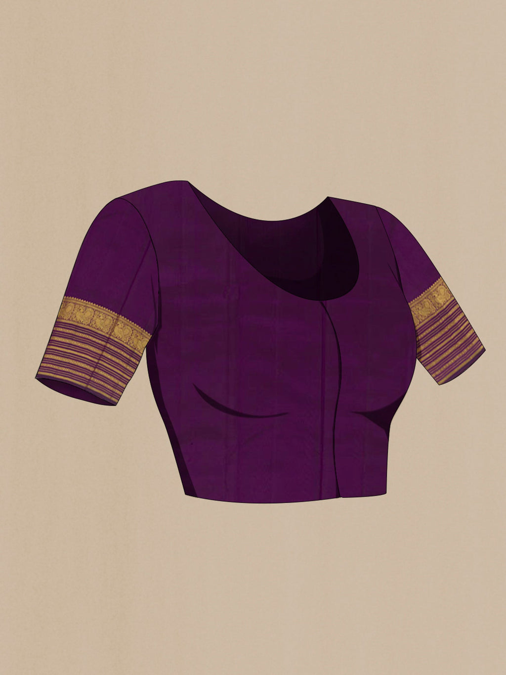 Close up image of the blouse of Purple Kanjivaram Silk Saree with Zari Butta on the body and Zari Border. 