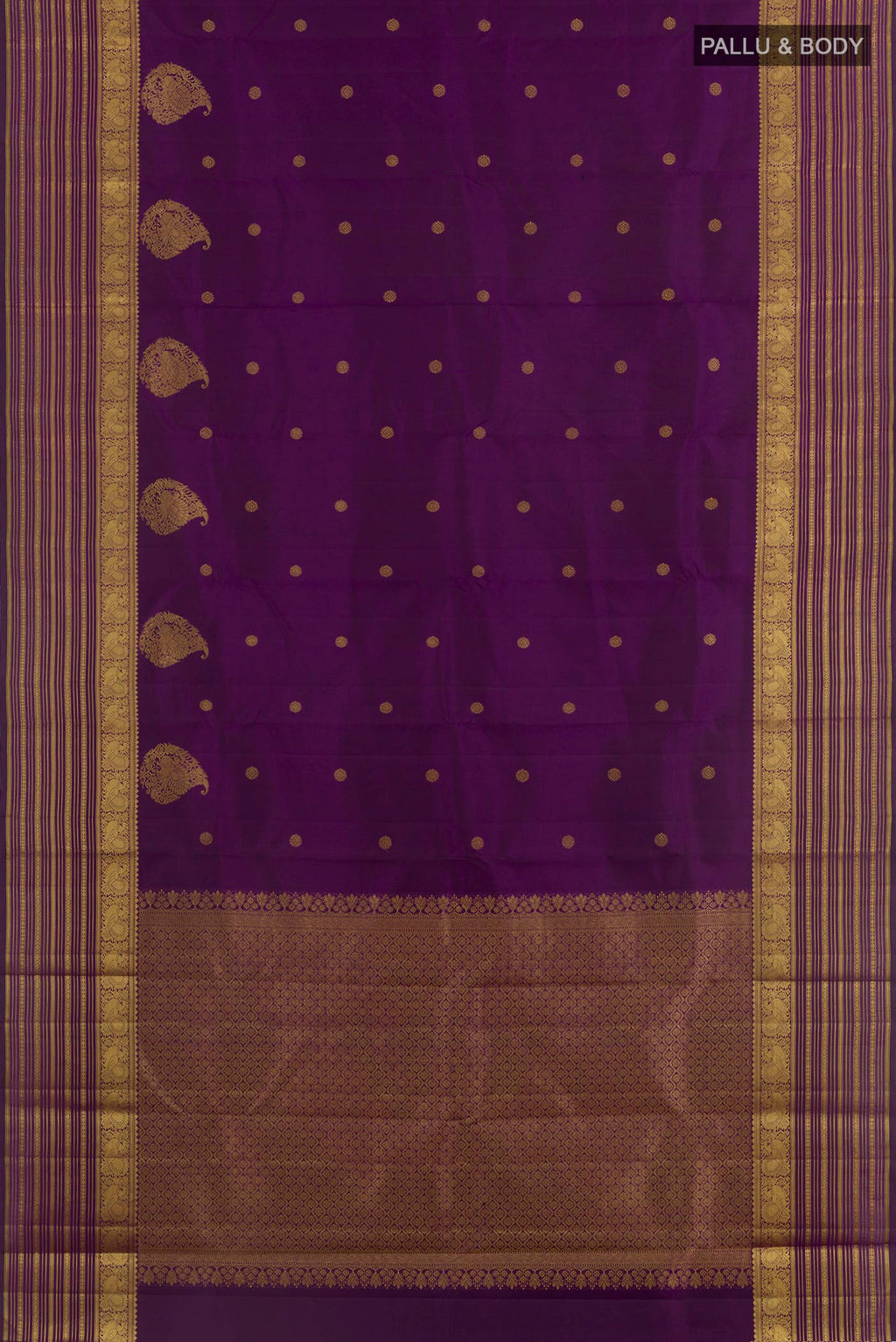 Flat view of Purple Kanjivaram Silk Saree with Zari Butta on the body and Zari Border. 
