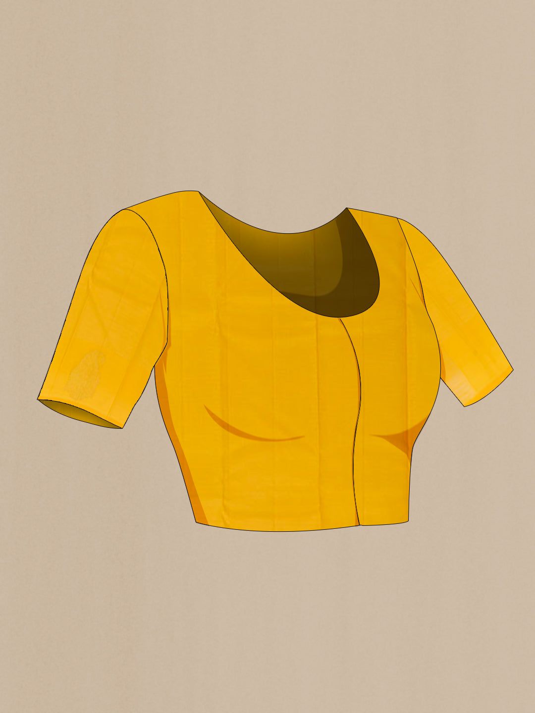 Close up image of the blouse of Yellow Kanchipuram Silk Saree with Zari Butta on the body and Zari Border. 