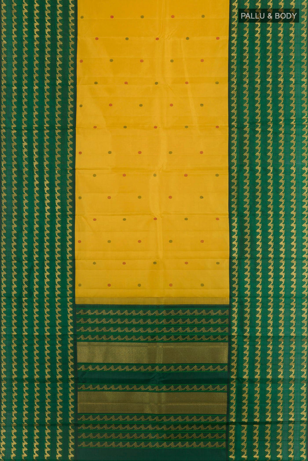 Flat view of Yellow Kanjivaram Silk Saree with Thread Butta on the body and Fancy Border. 