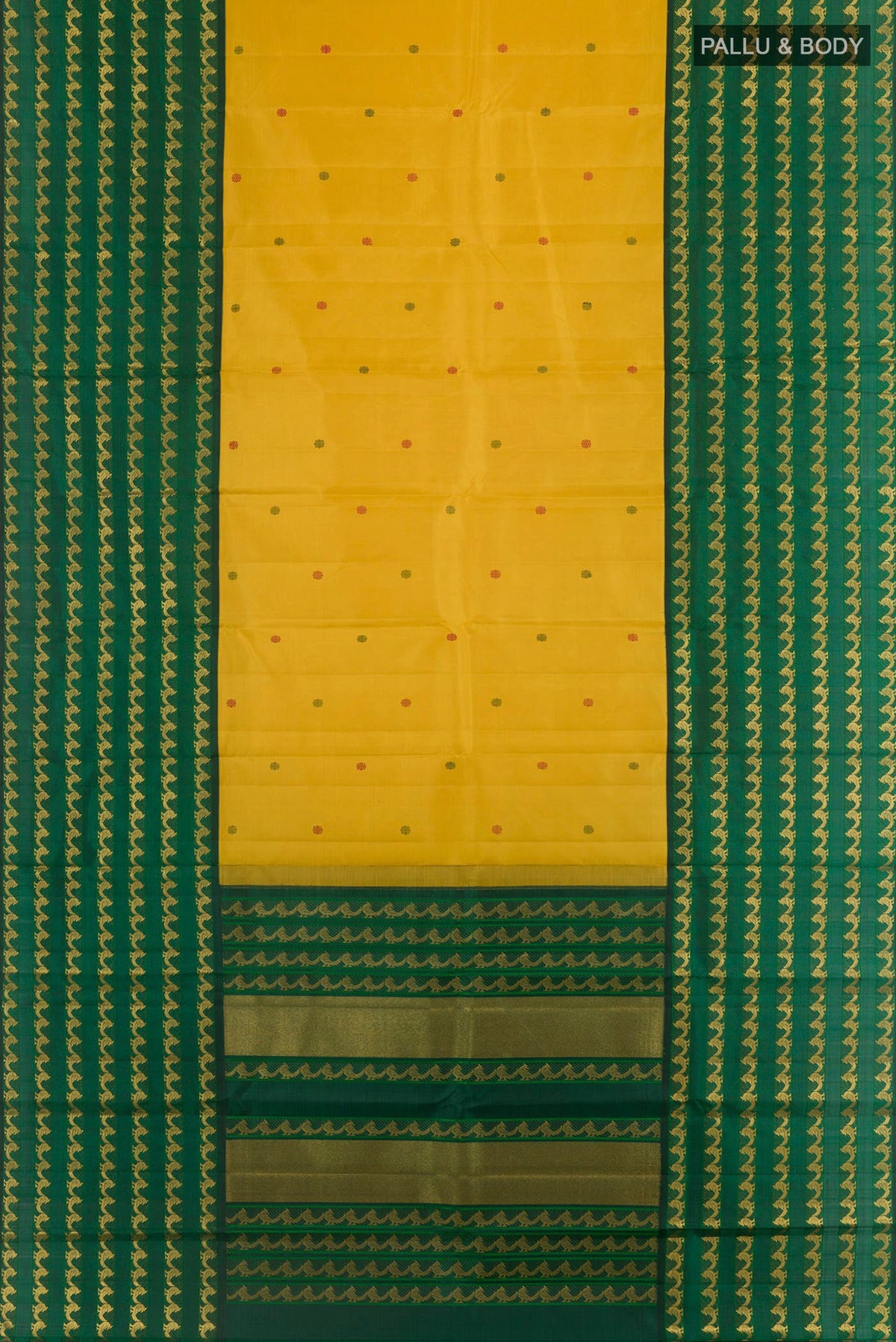 Flat view of Yellow Kanjivaram Silk Saree with Thread Butta on the body and Fancy Border. 