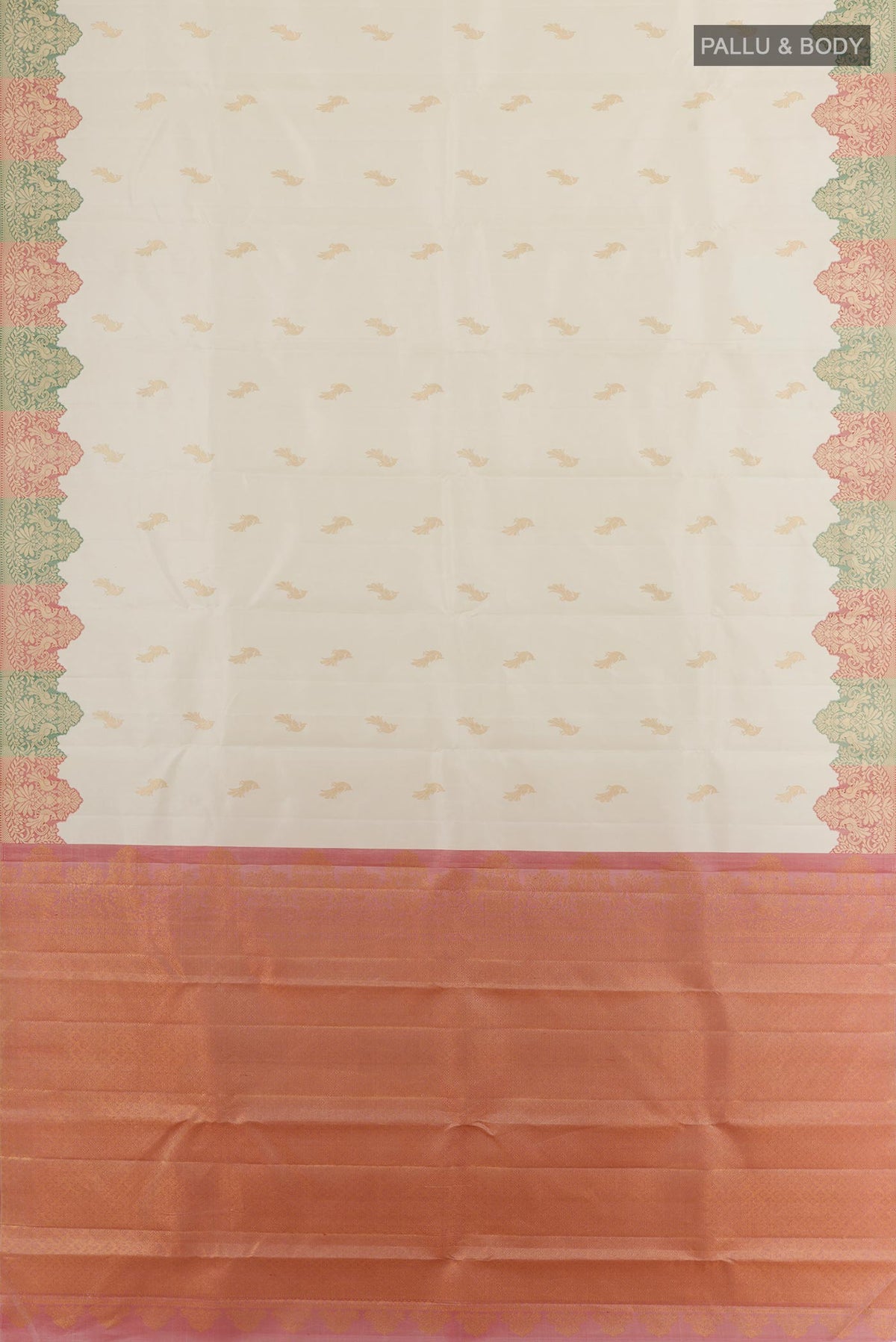 Flat view of Off White Kanchipuram Silk Saree with Zari Butta on the body and Fancy Border. 