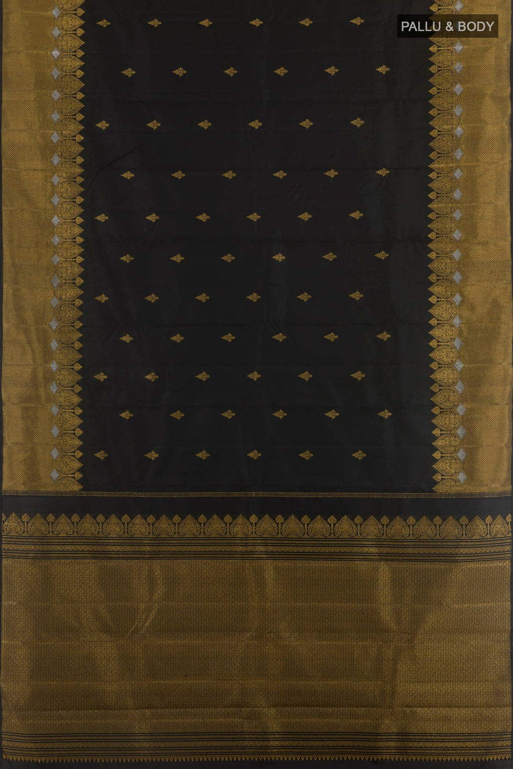 Flat view of Black Kanjivaram Silk Saree with Zari Butta on the body and Zari Border. 