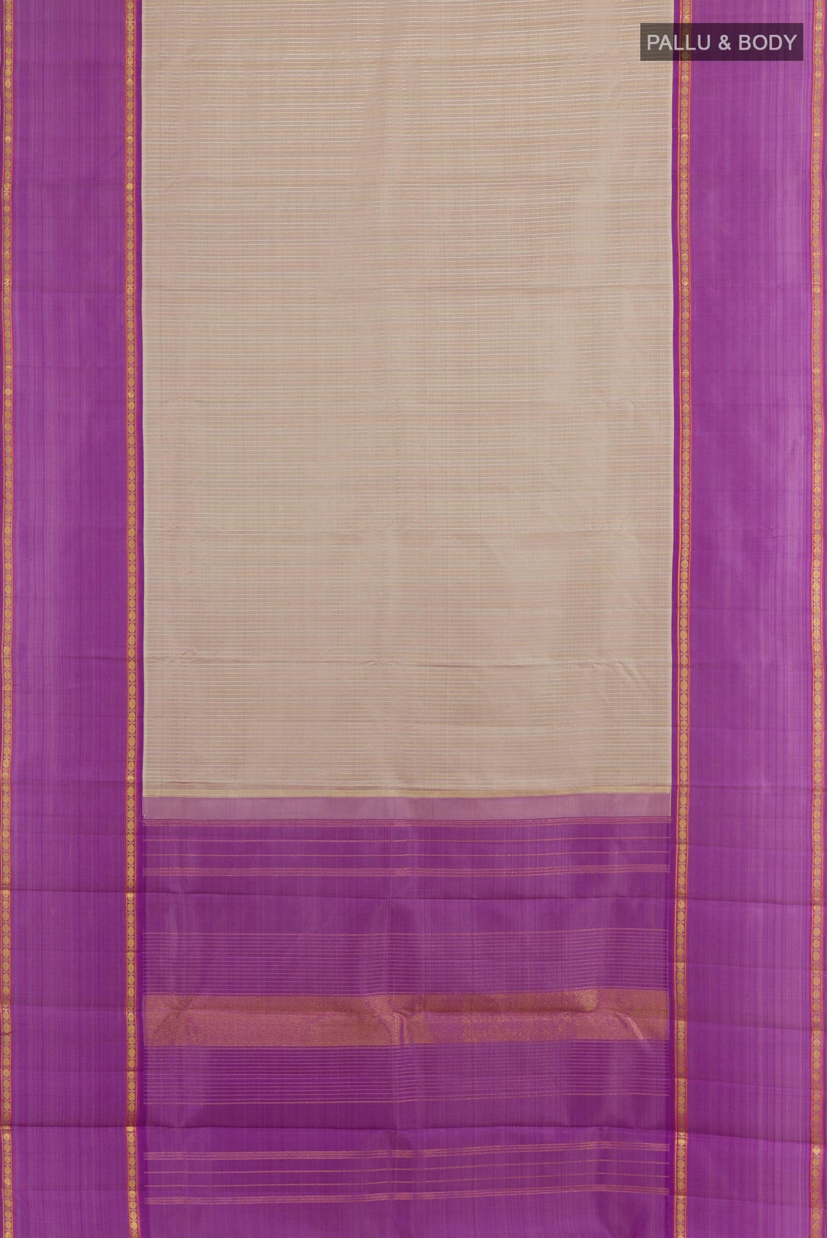 Flat view of Grey Kanjivaram Silk Saree with Checked design on the body and Zari Border. 