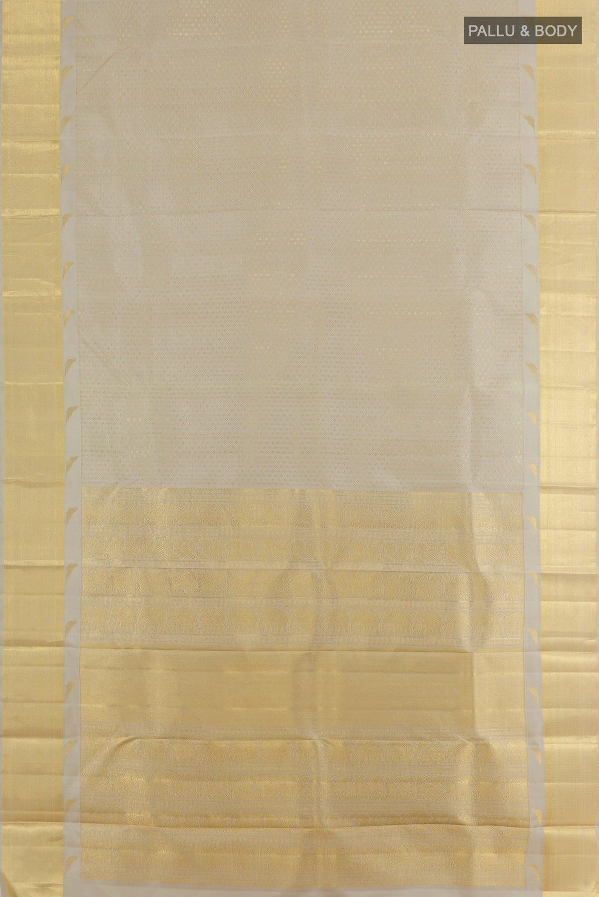 Flat view of Grey Kanchipuram Silk Saree with Zari Butta on the body and Zari Border. 