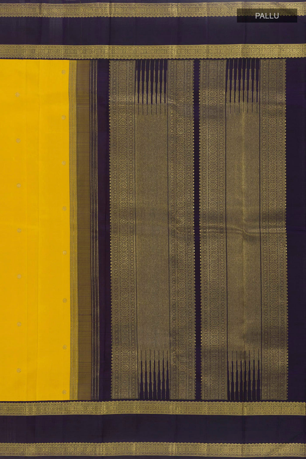 Close up image of the pallu of Yellow Kanchipuram Silk Saree with Zari Butta on the body and Zari Border. 