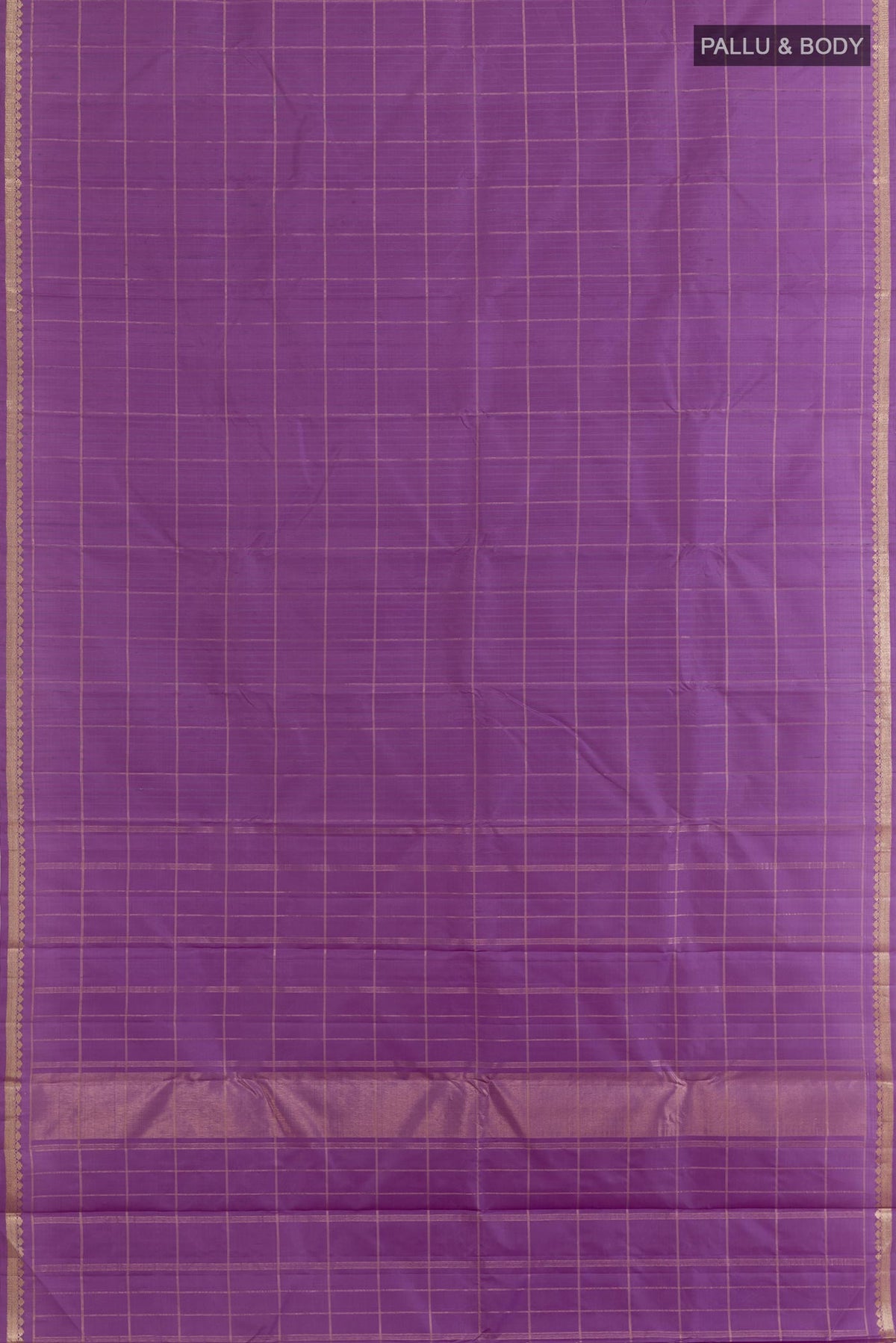 Flat view of Lavender Kanchipuram Silk Saree with Checked design on the body and Zari Border. 