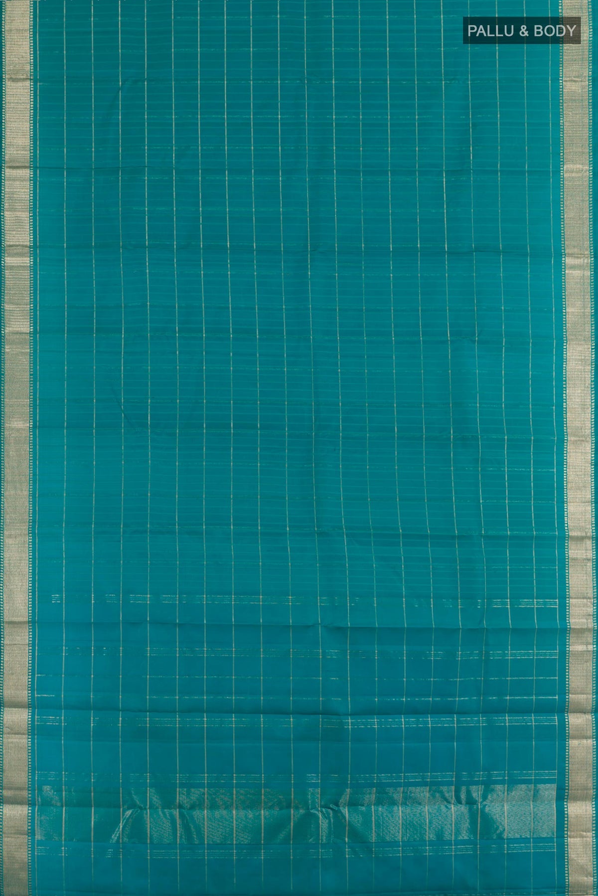 Flat view of Sea Green Kanchipuram Silk Saree with Checked design on the body and Zari Border. 
