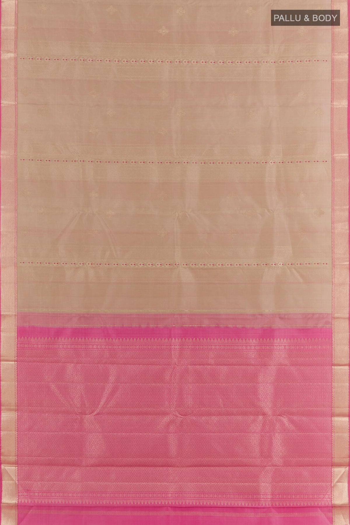 Flat view of Rose Gold Kanjivaram Silk Saree with Zari Butta on the body and Zari Border. 