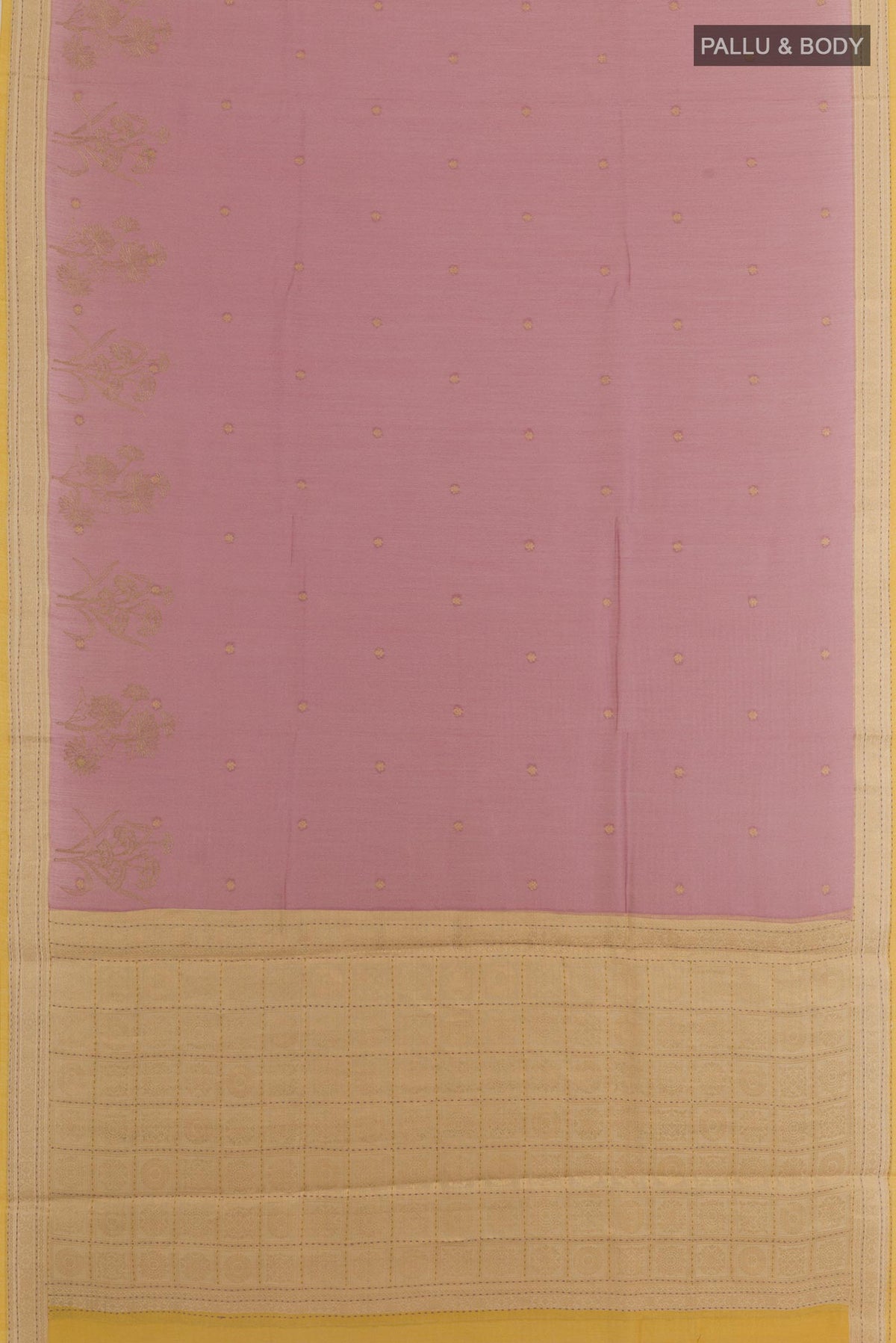 Flat view of Lavender Tussar Silk Saree with Embroidery on the body and Embroidery Border. 
