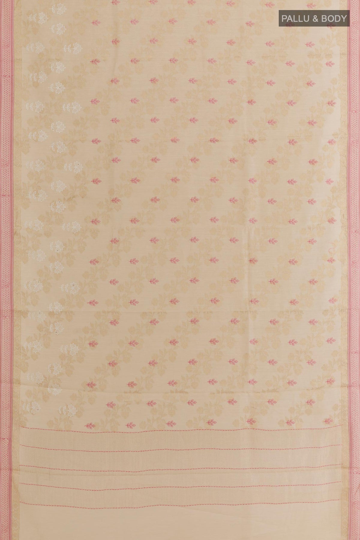 Flat view of Beige Tussar Saree with Embroidery on the body and Zari Border. 
