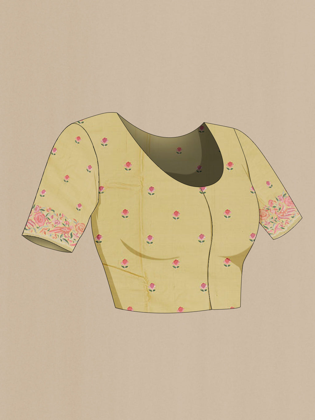 Close up image of the blouse of Lemon Yellow Tussar Silk Saree with Embroidery on the body and Embroidery Border. 