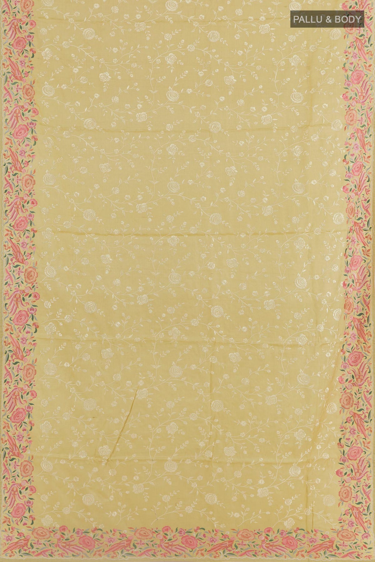 Flat view of Lemon Yellow Tussar Silk Saree with Embroidery on the body and Embroidery Border. 
