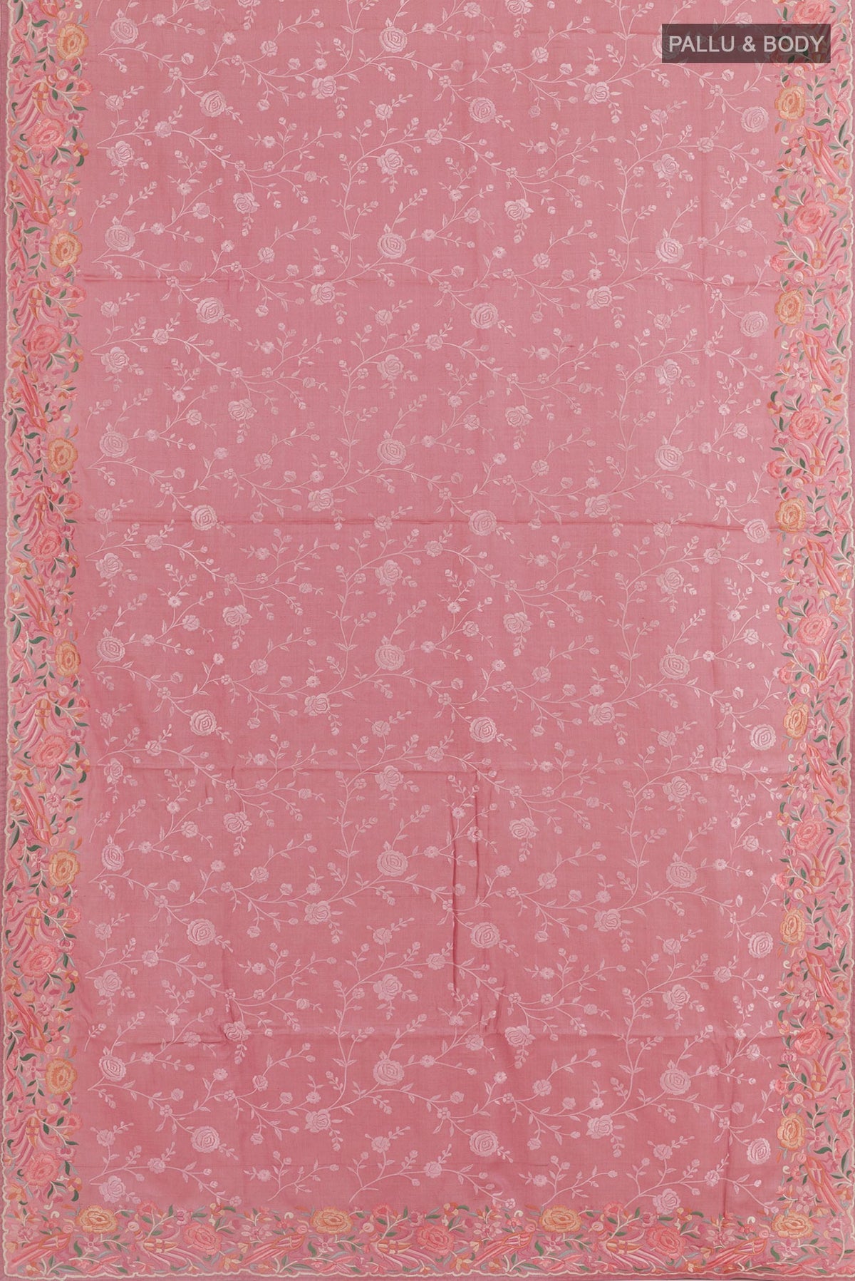 Flat view of Pink Tussar Silk Saree with Embroidery on the body and Embroidery Border. 