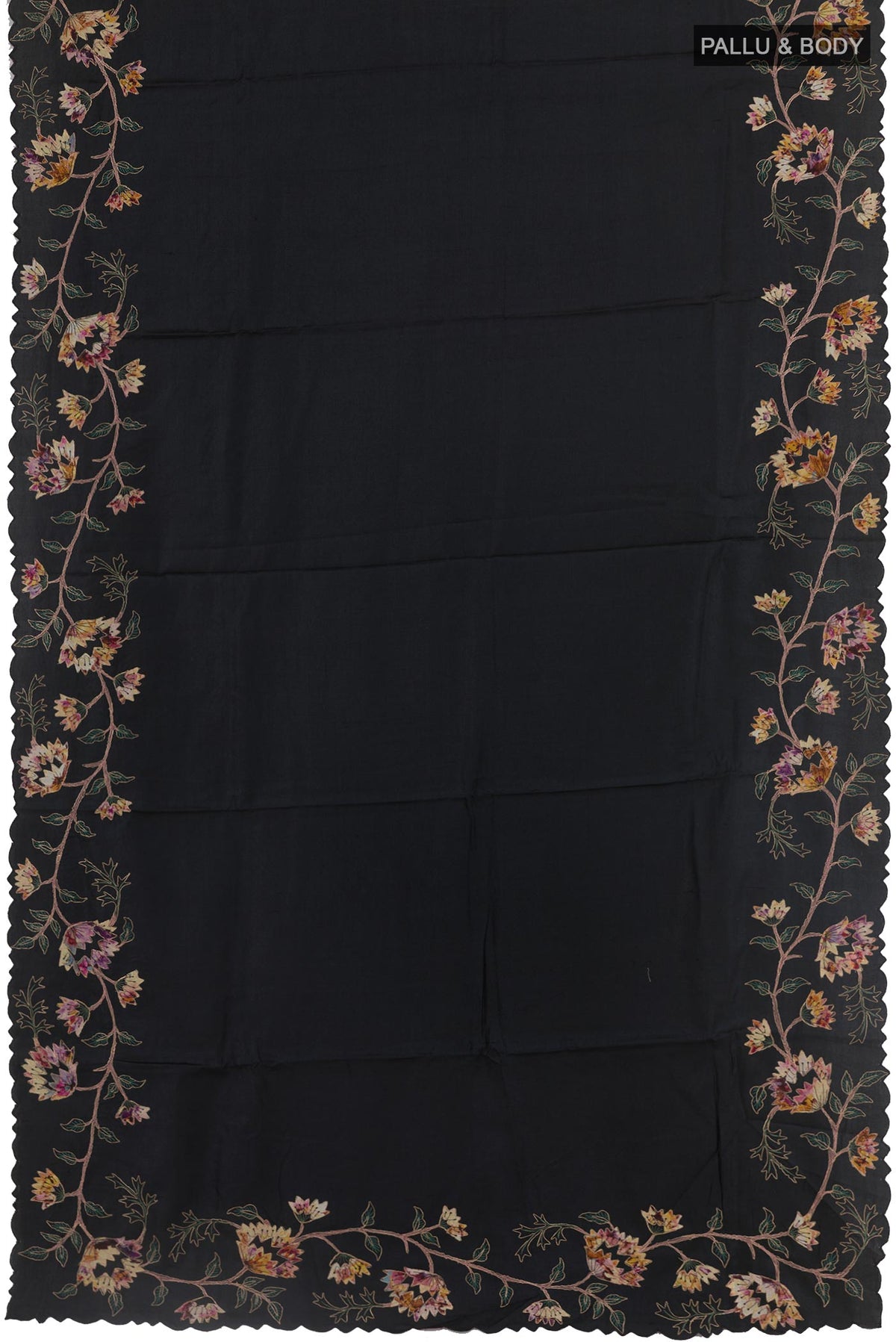 Flat view of Black Tussar Silk Saree with Embroidery on the body and Embroidery Border. 