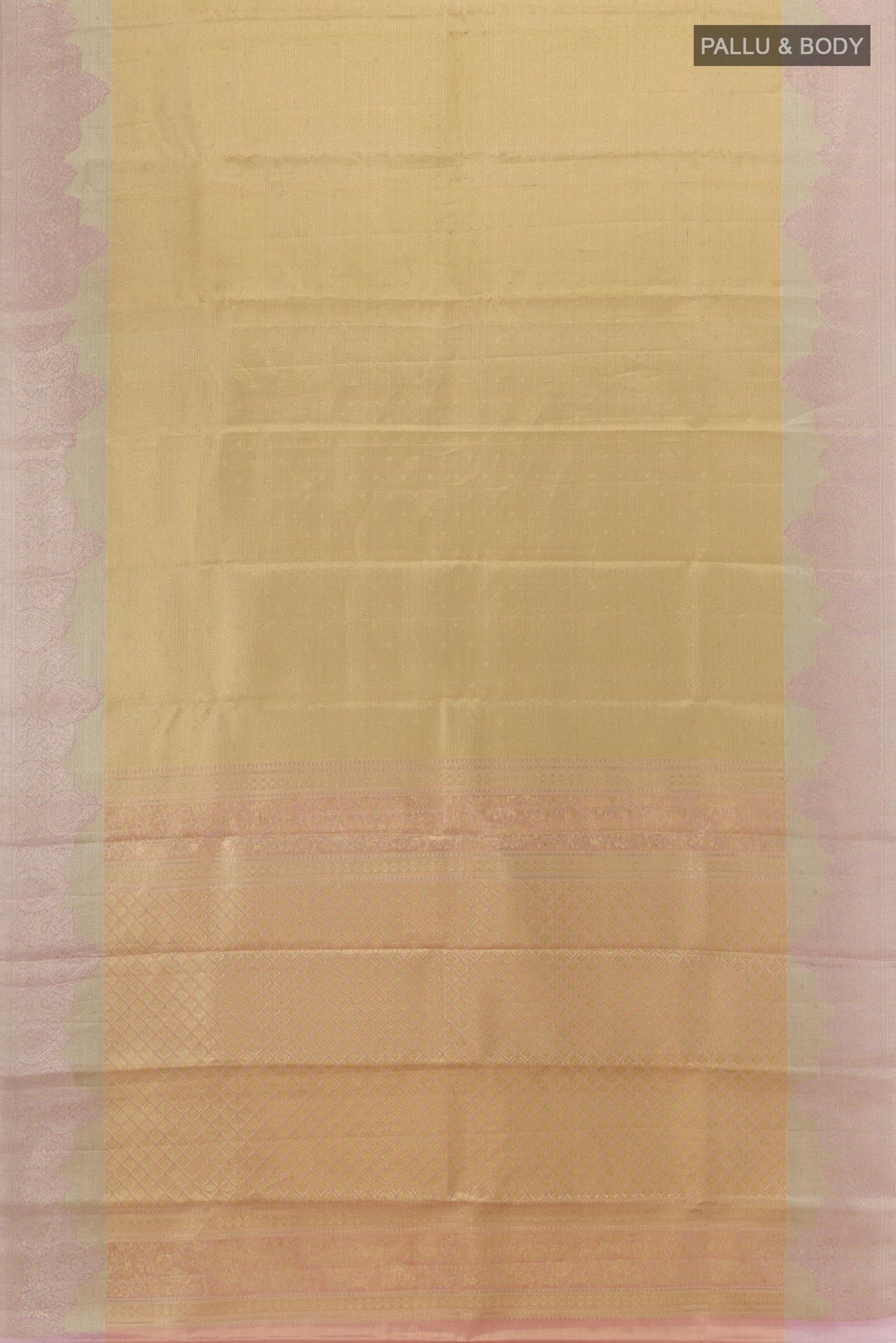 Flat view of Golden Kanjivaram Tissue Silk Saree with Zari Brocade on the body and Zari Border. 