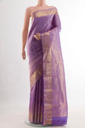 Lavender Kanchipuram Silk Saree with Zari Brocade on the body and Zari Border.  displayed on a mannequin