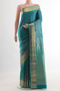 Peacock Blue Kanchipuram Silk Saree with Zari Brocade on the body and Zari Border.  displayed on a mannequin