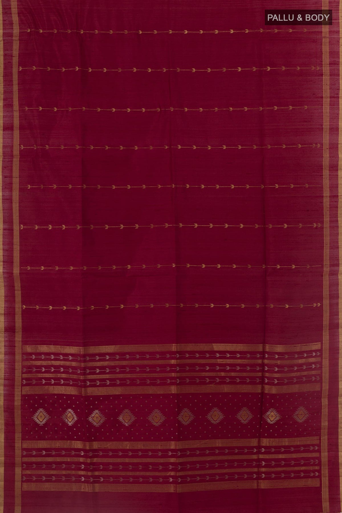 Flat view of Maroon Raw Silk Saree with Stripes on the body and Zari Border. 