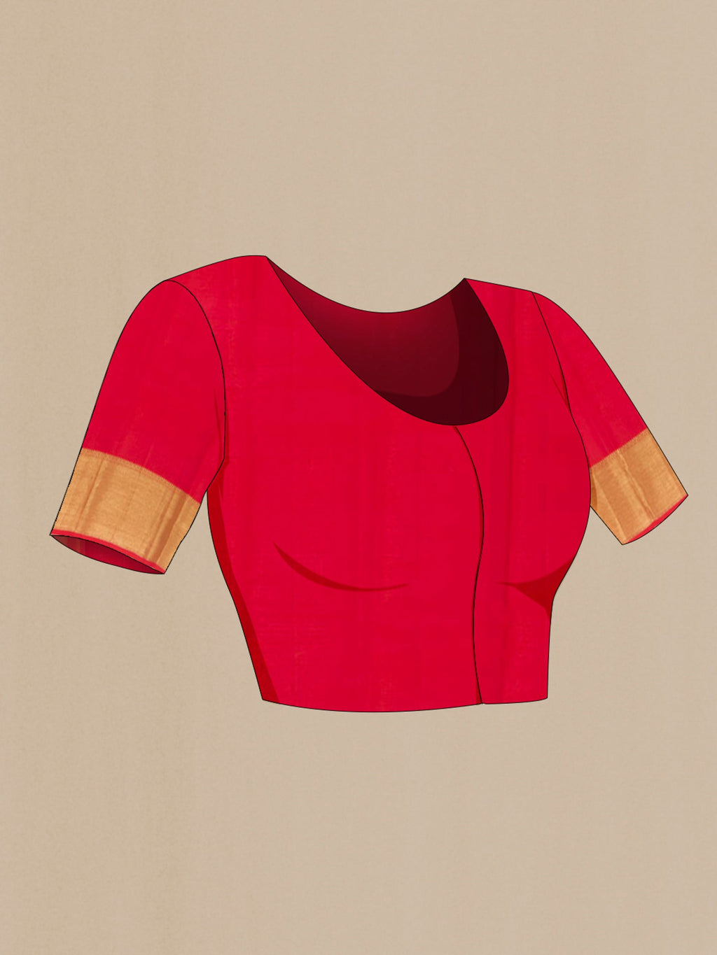 Close up image of the blouse of Red Kanchipuram Silk Saree with Zari Brocade on the body and Zari Border. 