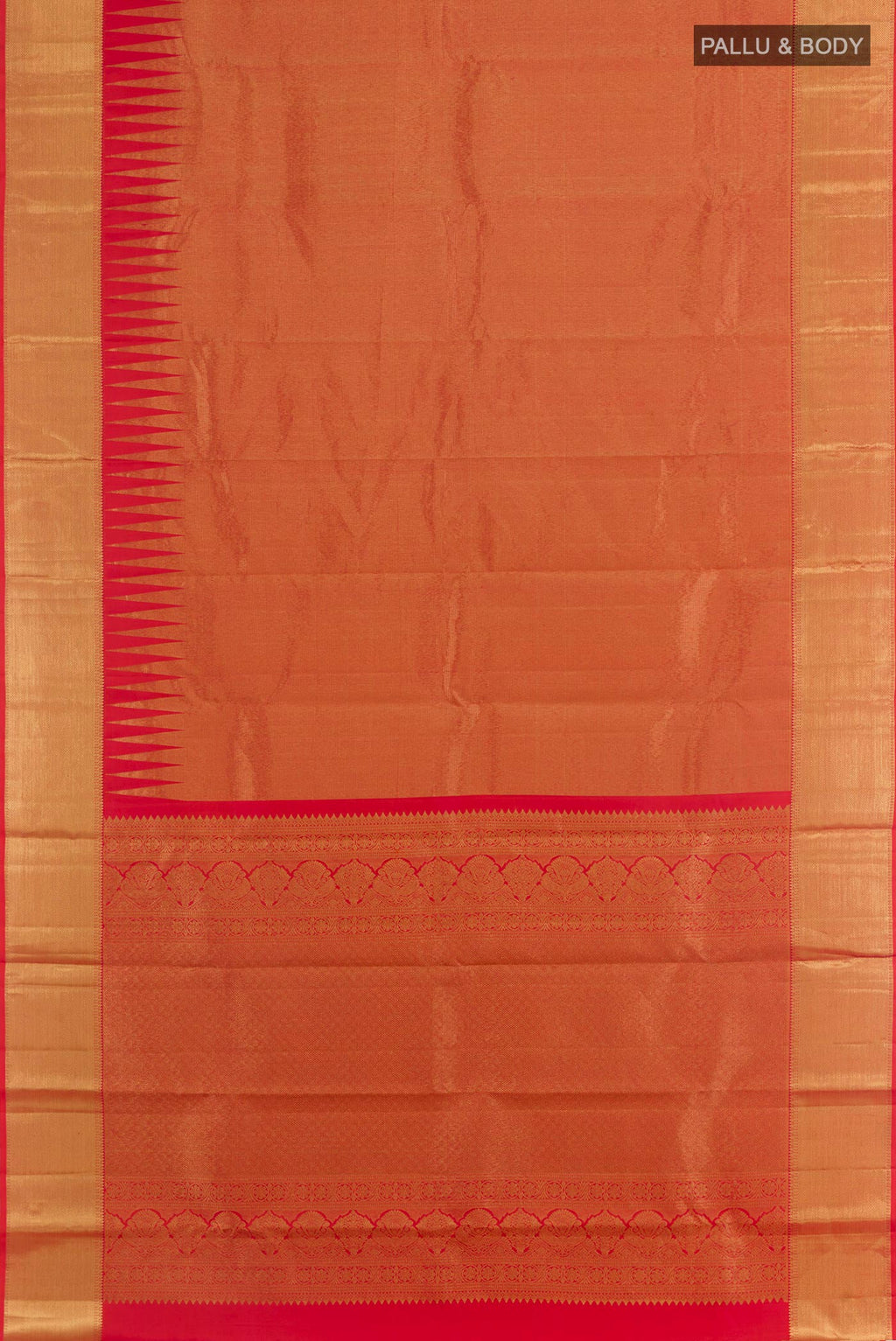 Flat view of Red Kanchipuram Silk Saree with Zari Brocade on the body and Zari Border. 
