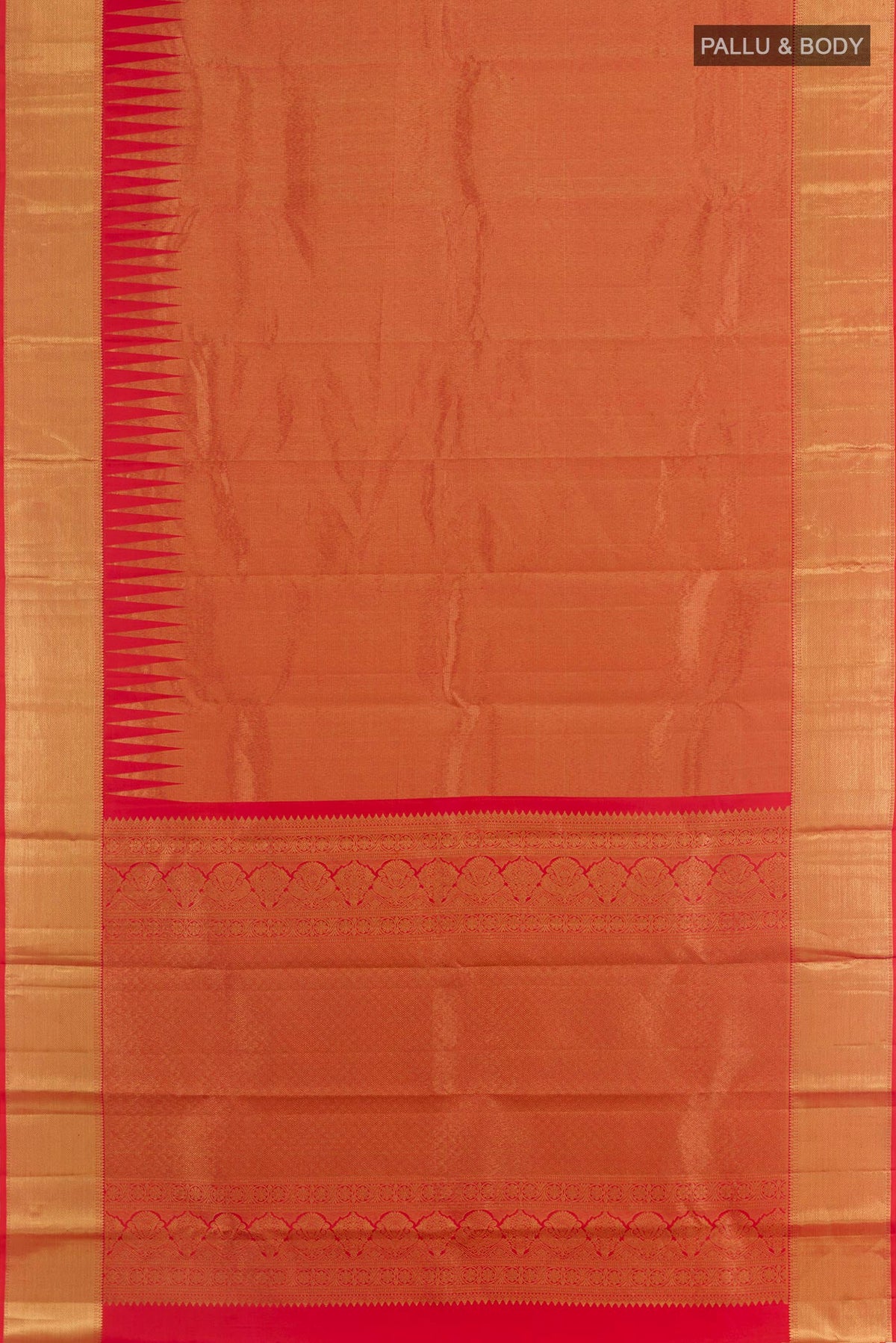 Flat view of Red Kanchipuram Silk Saree with Zari Brocade on the body and Zari Border. 