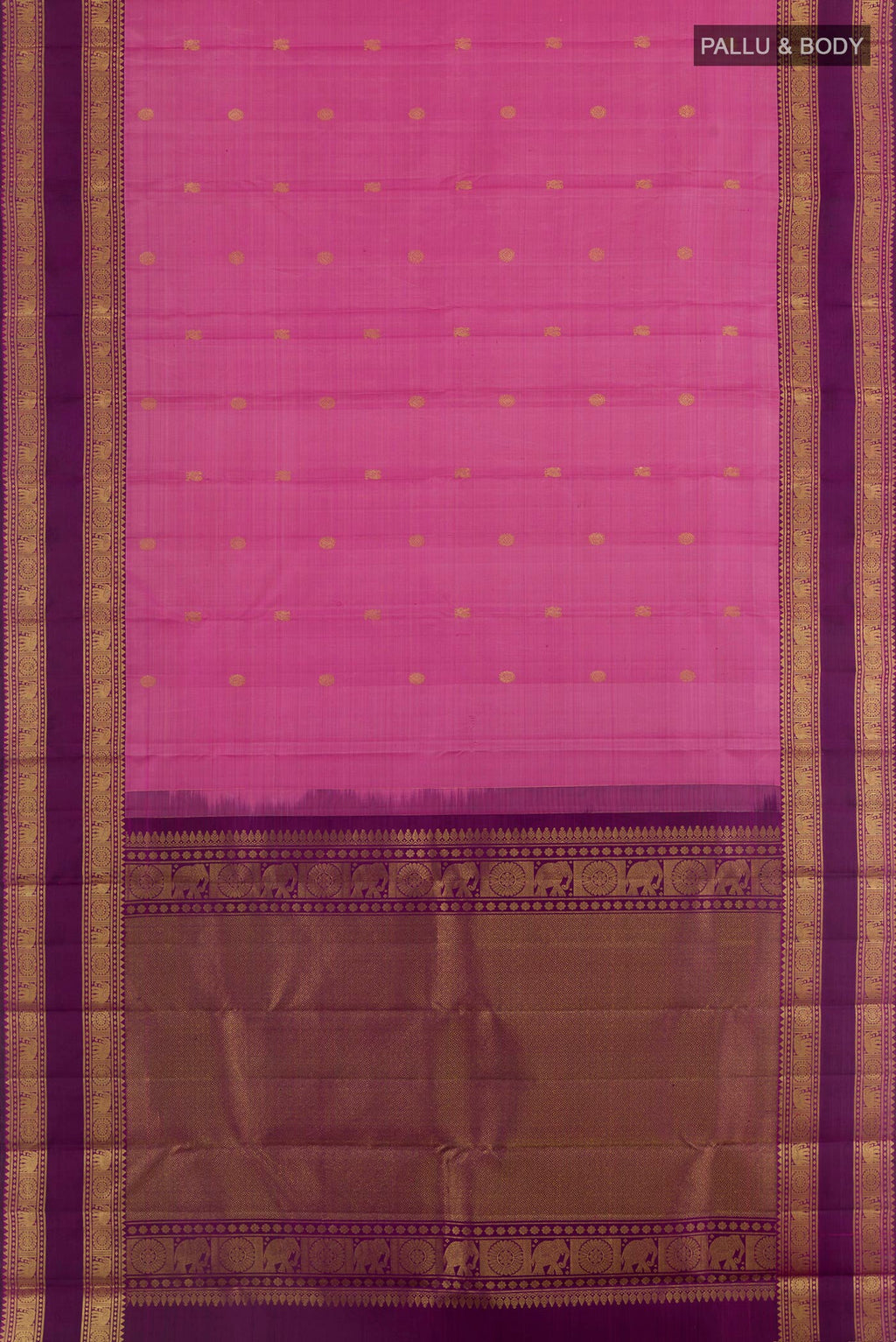 Flat view of Pink Kanchipuram Silk Saree with Zari Butta on the body and Zari Border. 