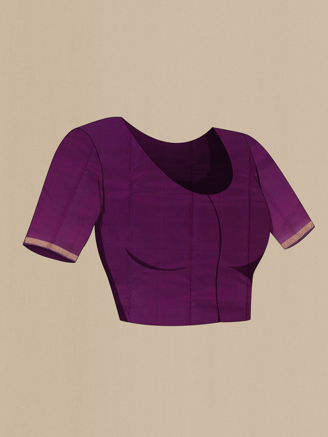 Close up image of the blouse of Purple Kanchipuram Silk Nine Yards Saree with Zari Butta on the body and Zari Border. 