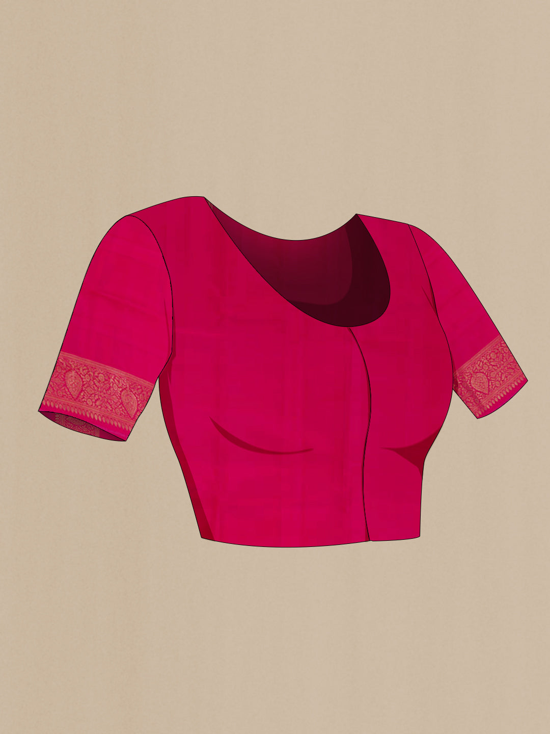 Close up image of the blouse of Rani Pink Kanchipuram Silk Saree with Zari Brocade on the body and Zari Border. 
