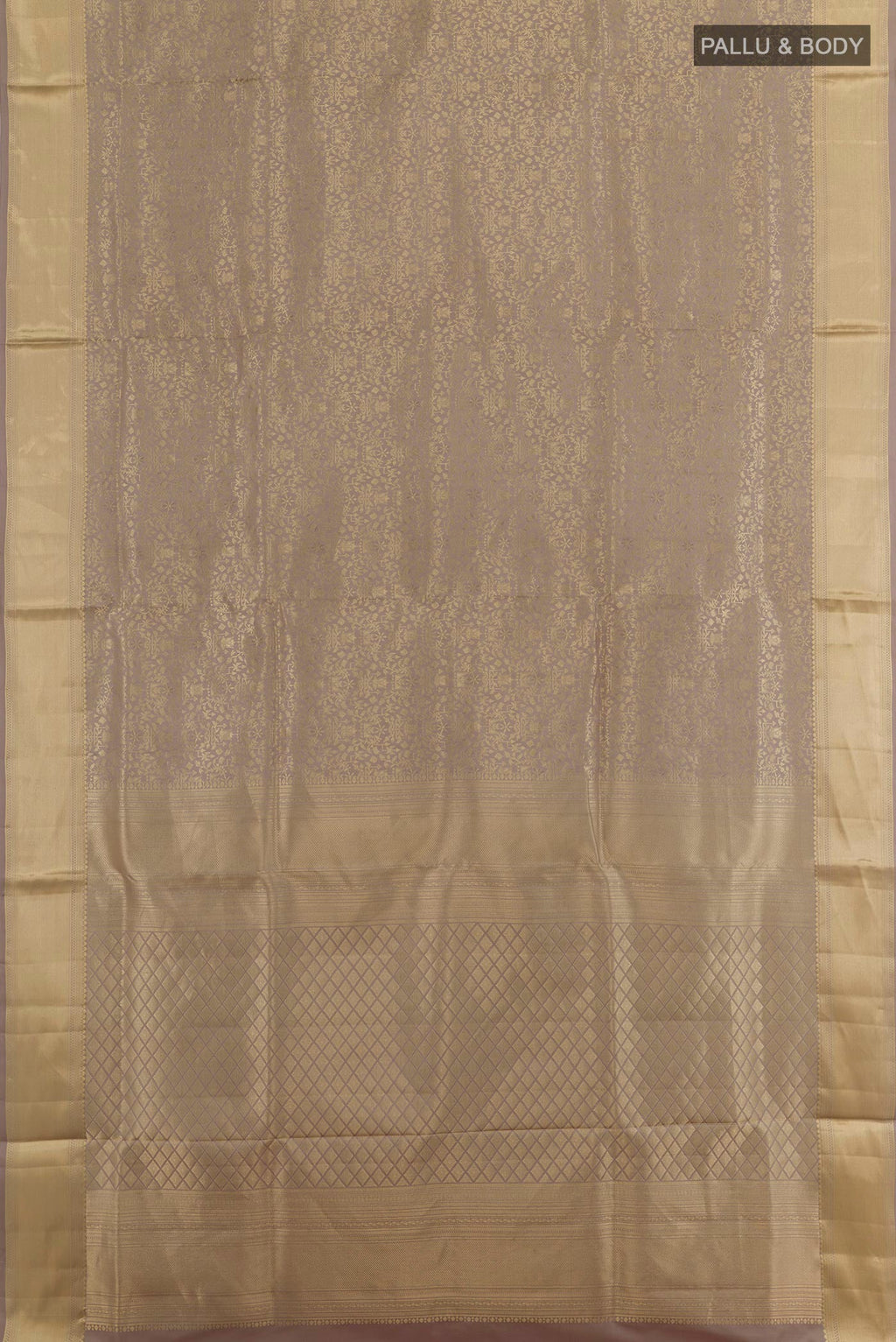 Flat view of Grey Soft Silk Saree with Zari Brocade on the body and Zari Border. 