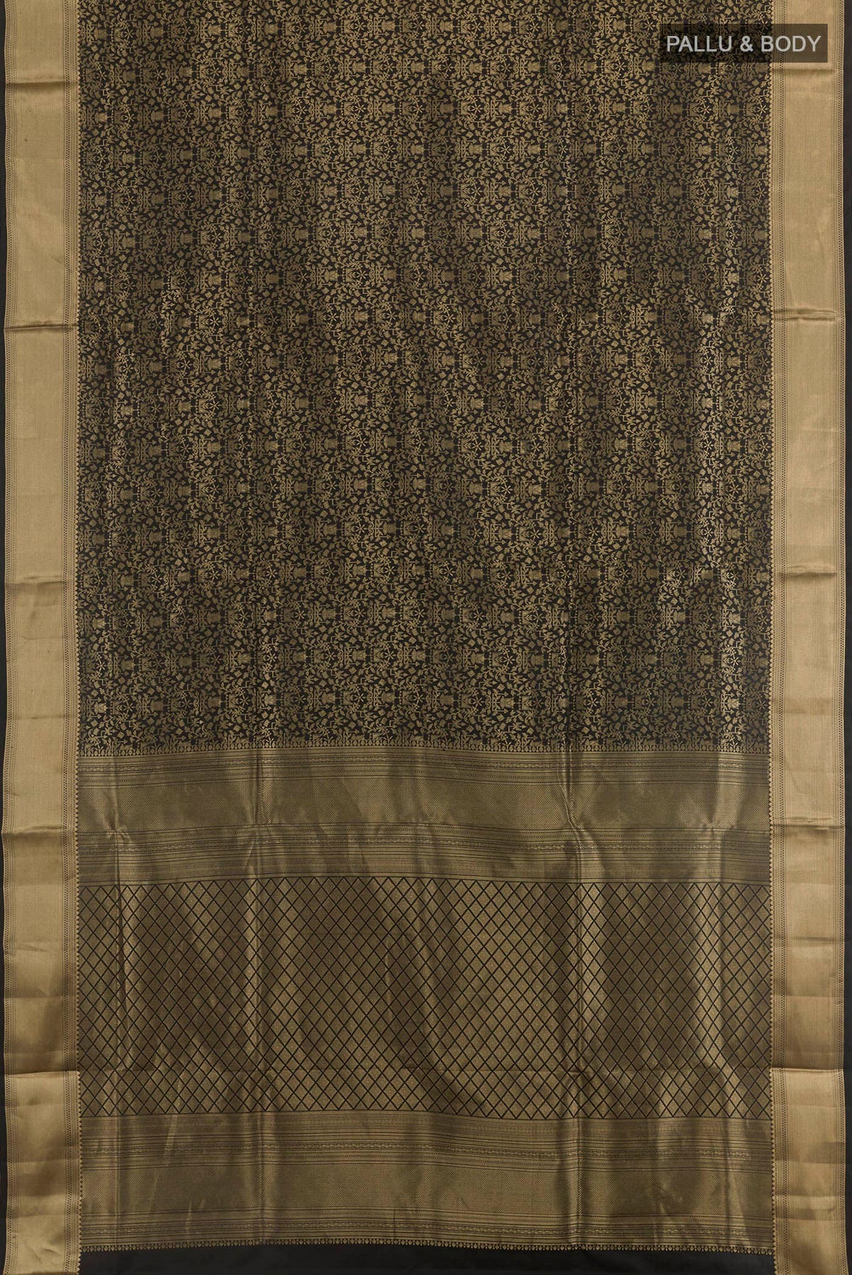 Flat view of Black Soft Silk Saree with Zari Brocade on the body and Zari Border. 
