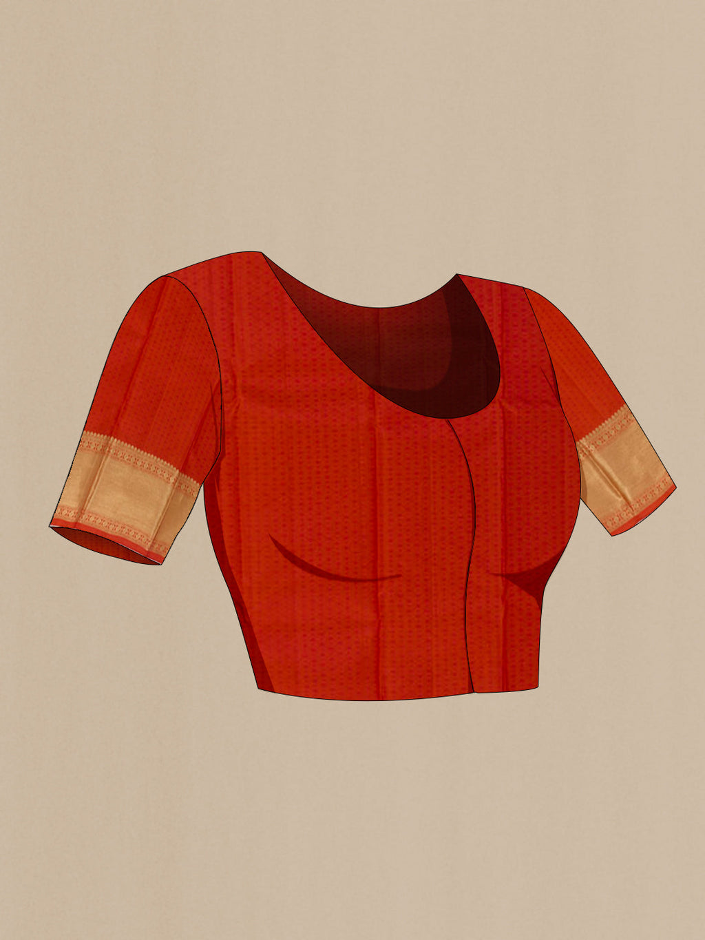 Close up image of the blouse of Orange Kanchipuram Silk Saree with Zari Brocade on the body and Zari Border. 