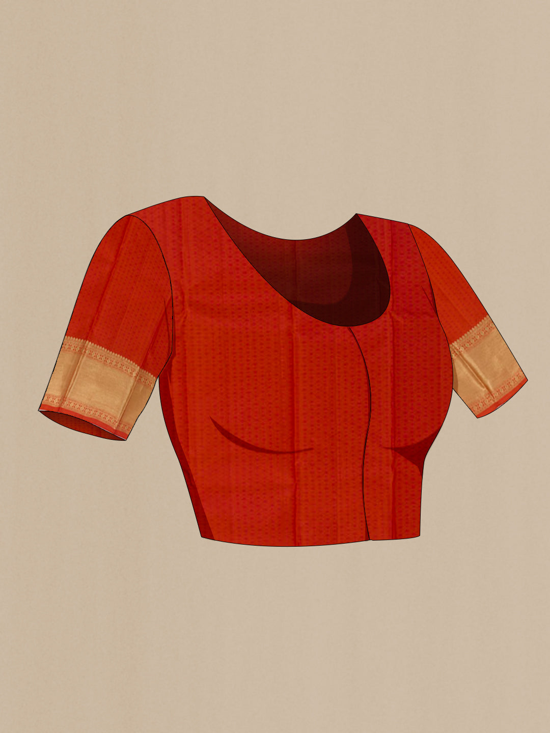 Close up image of the blouse of Orange Kanchipuram Silk Saree with Zari Brocade on the body and Zari Border. 