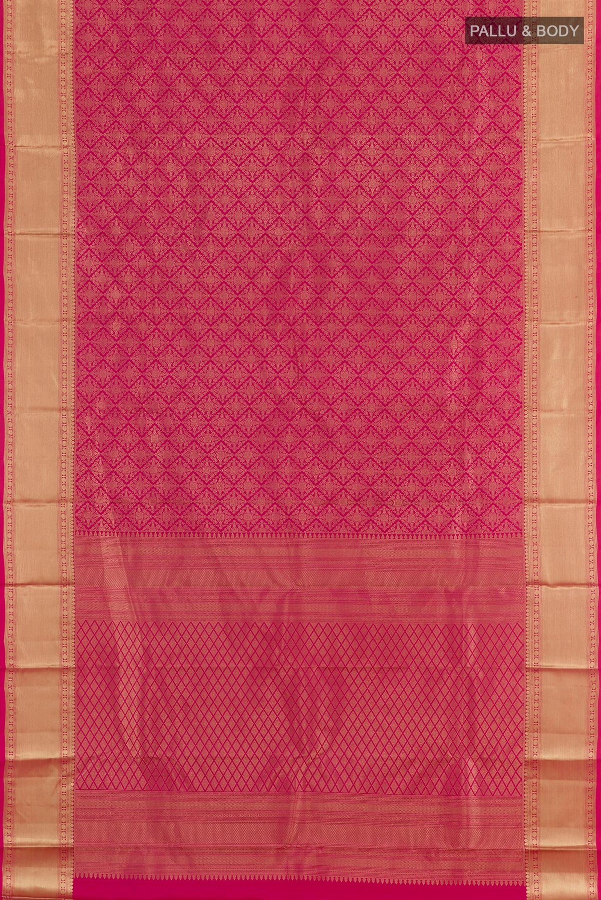 Flat view of Pink Kanchipuram Silk Saree with Zari Brocade on the body and Zari Border. 