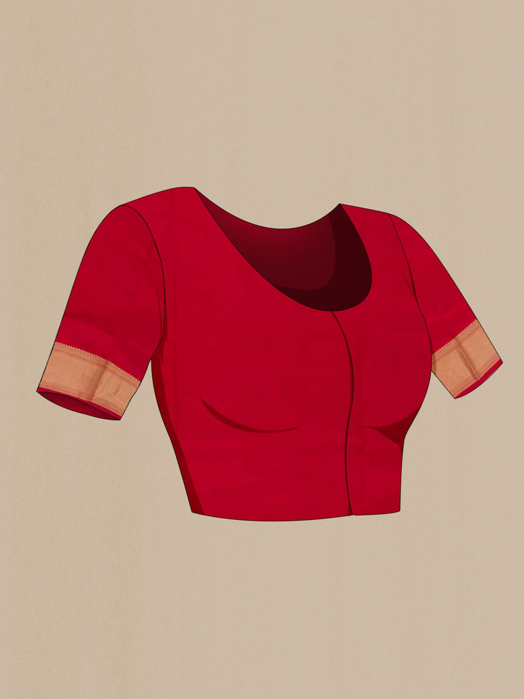 Close up image of the blouse of Red Soft Silk Saree with Zari Brocade on the body and Zari Border. 