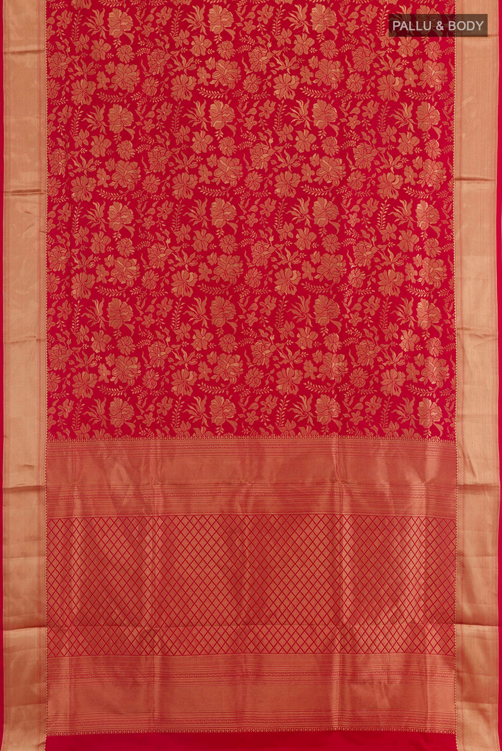 Flat view of Red Soft Silk Saree with Zari Brocade on the body and Zari Border. 