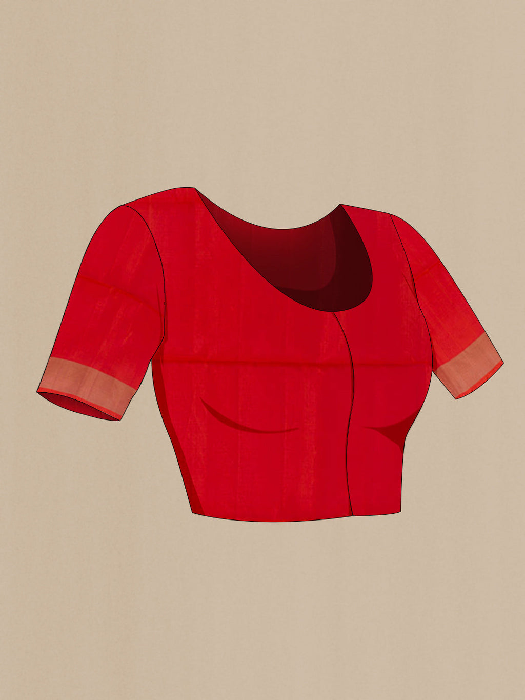 Close up image of the blouse of Brick Orange Soft Silk Saree with Zari Butta on the body and Zari Border. 