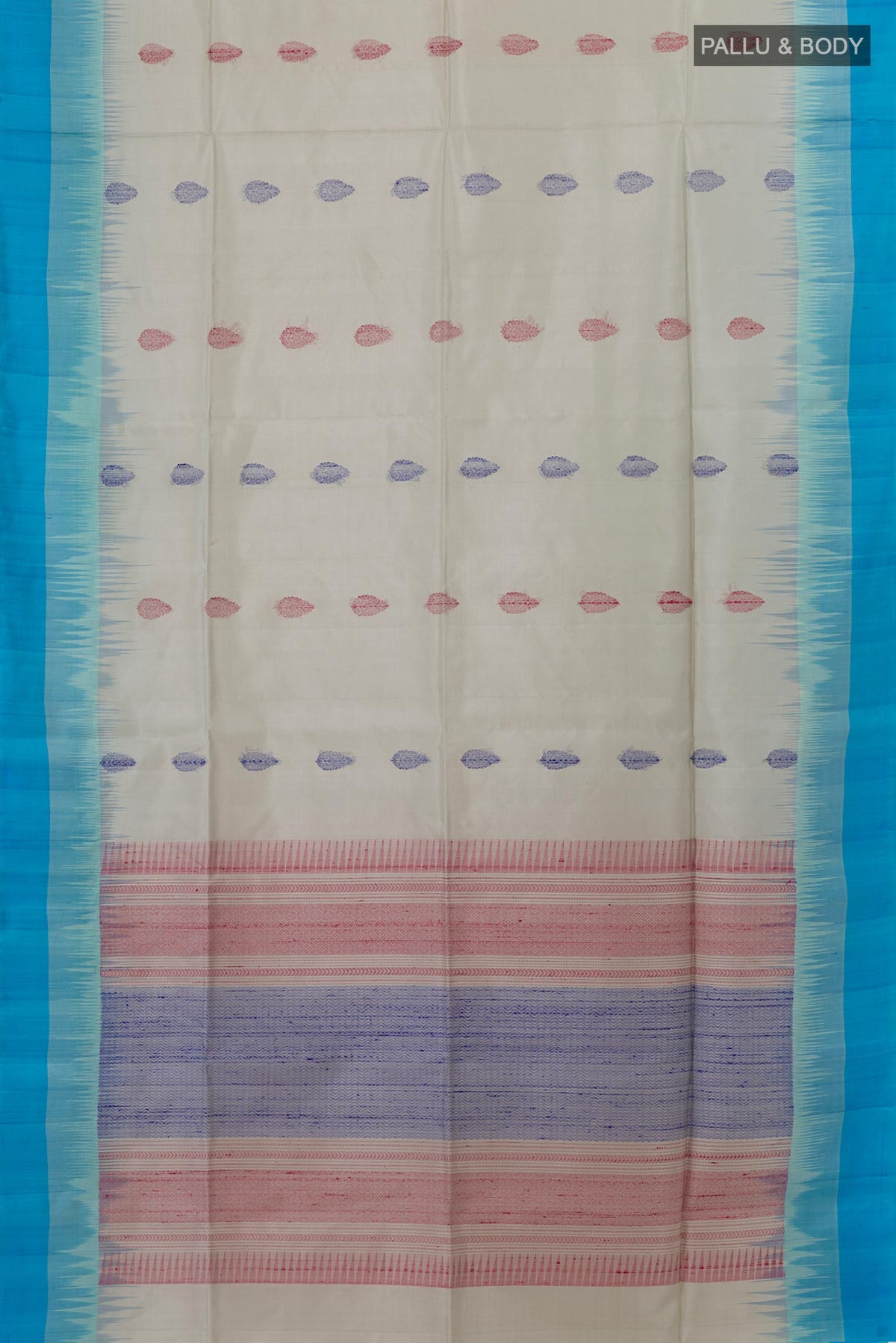 Flat view of Grey Soft Silk Saree with Zari And Thread Butta on the body and Zari Border. 