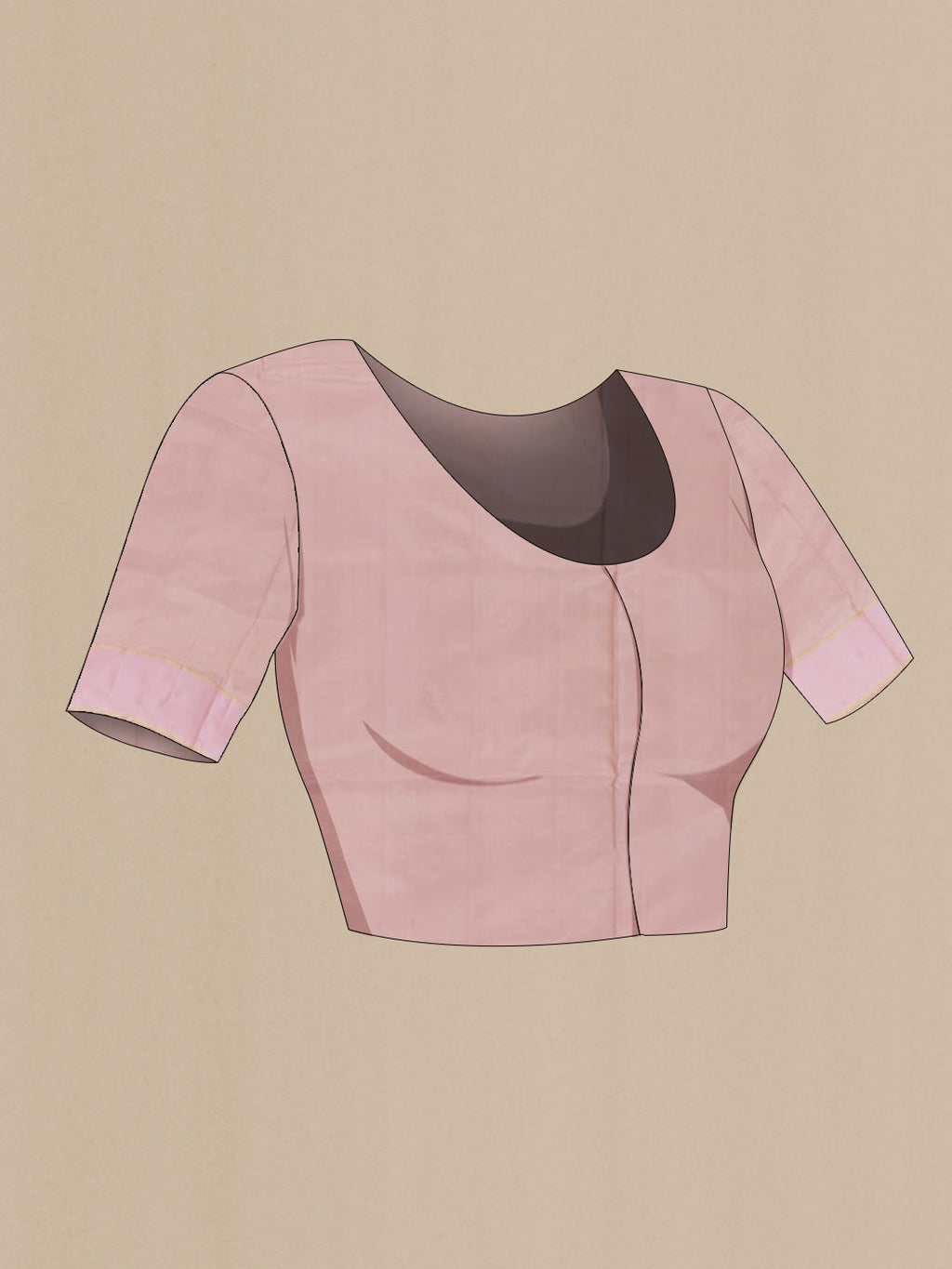 Close up image of the blouse of Rose Gold Soft Silk Saree with Zari Butta on the body and Zari Border. 