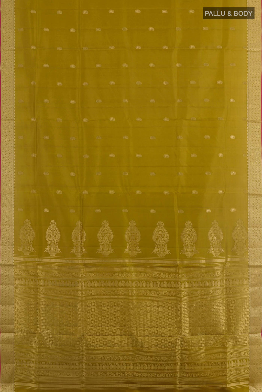 Flat view of Mehandi Green Soft Silk Saree with Zari Butta on the body and Zari Border. 