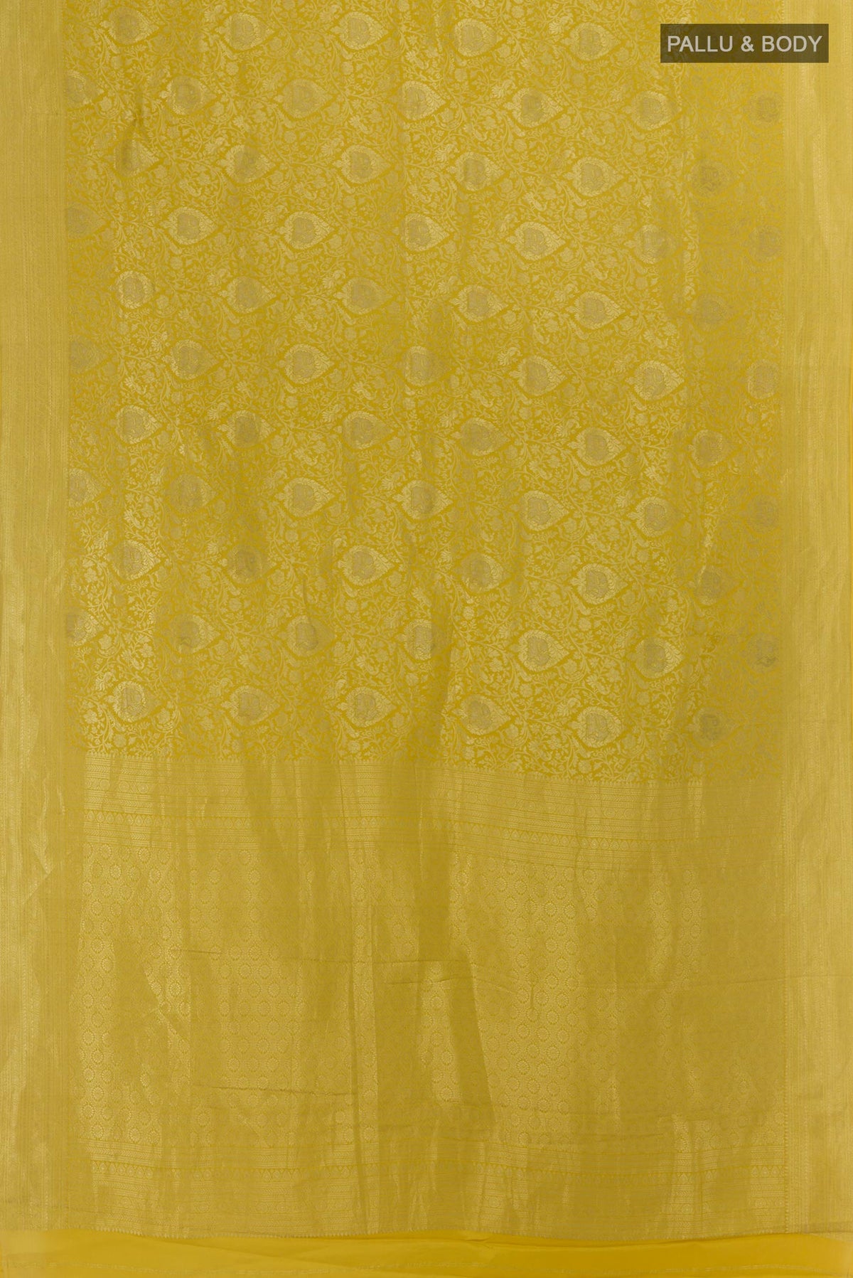 Flat view of Yellow Mysore Crepe Saree with Zari Brocade on the body and Zari Border. 