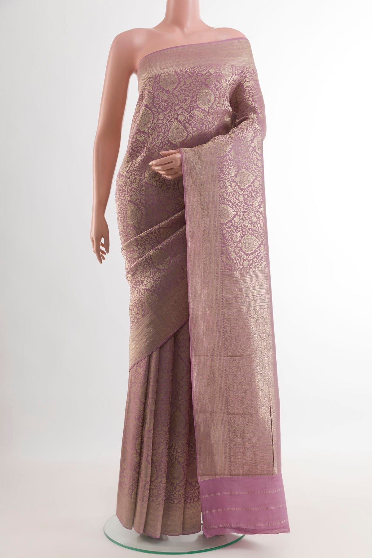 Lavender Mysore Crepe Saree with Zari Brocade on the body and Zari Border.  displayed on a mannequin