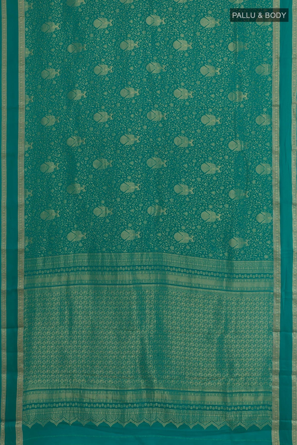 Flat view of Sea Green Mysore Crepe Saree with Zari Brocade on the body and Zari Border. 