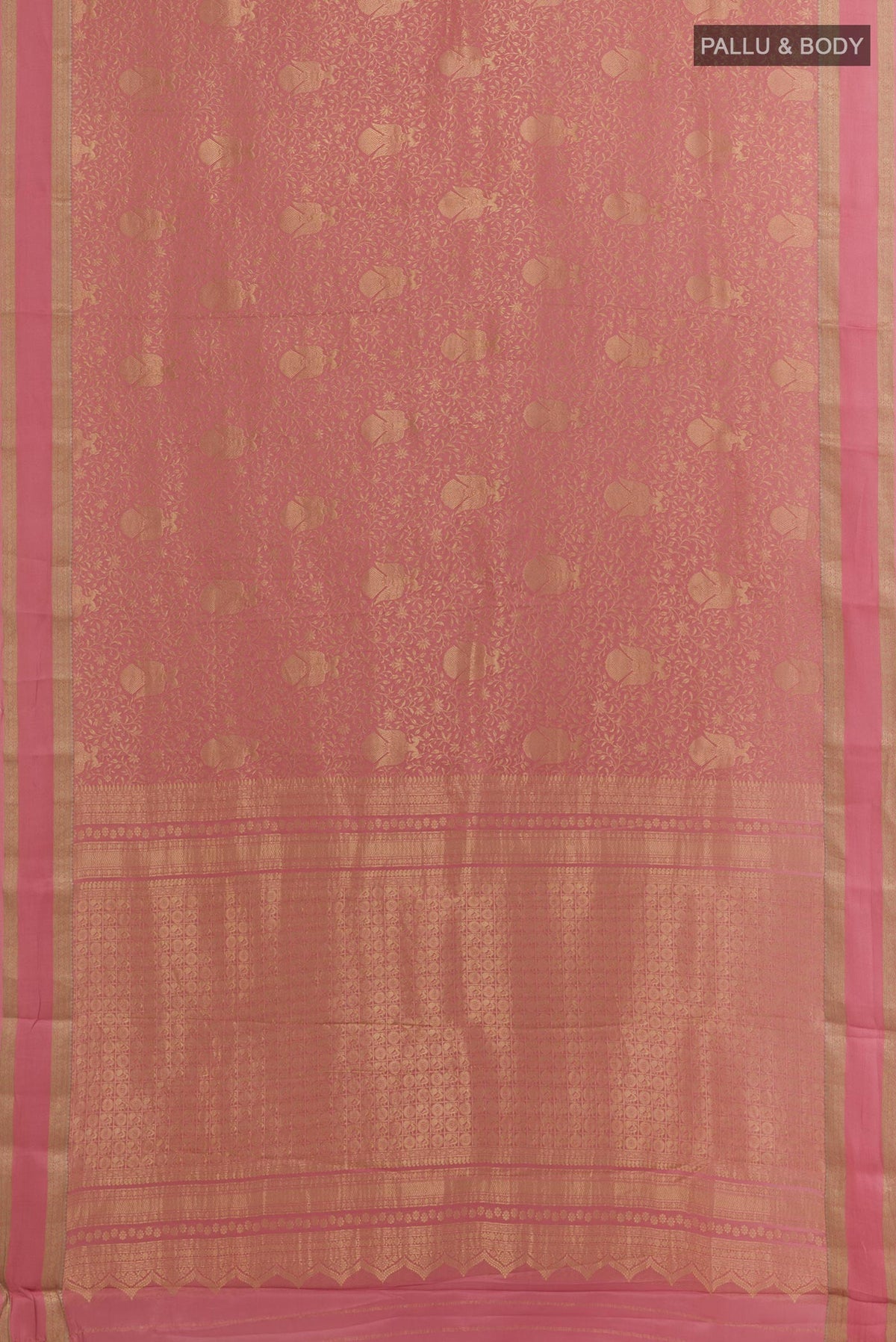 Flat view of Pink Mysore Crepe Saree with Zari Brocade on the body and Zari Border. 