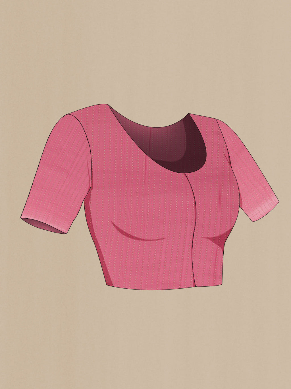 Close up image of the blouse of Pink Mysore Crepe Saree with Zari Butta on the body and Zari Border. 