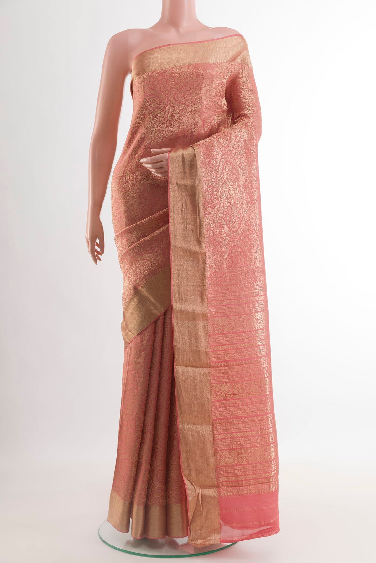 Coral Mysore Crepe Saree with Zari Brocade on the body and Zari Border.  displayed on a mannequin