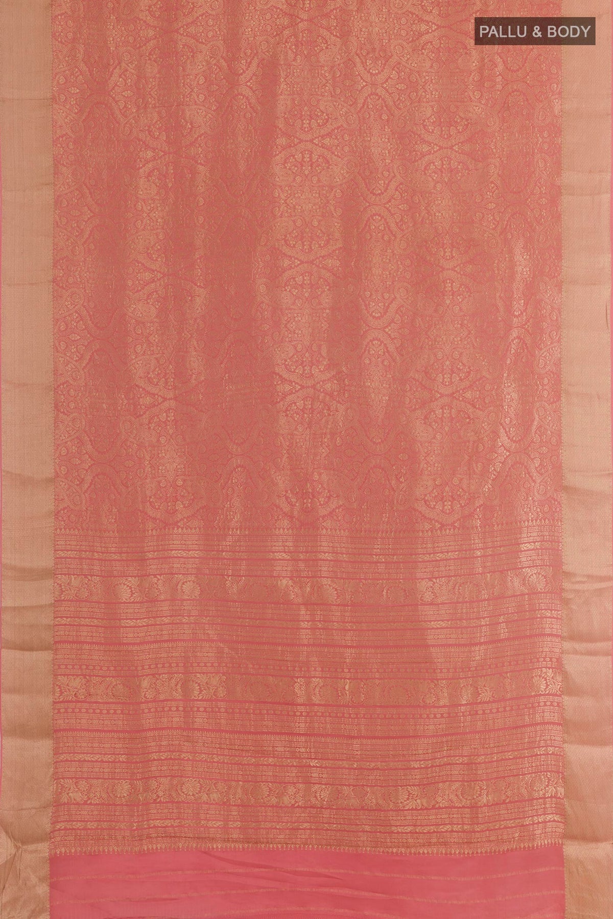 Flat view of Coral Mysore Crepe Saree with Zari Brocade on the body and Zari Border. 