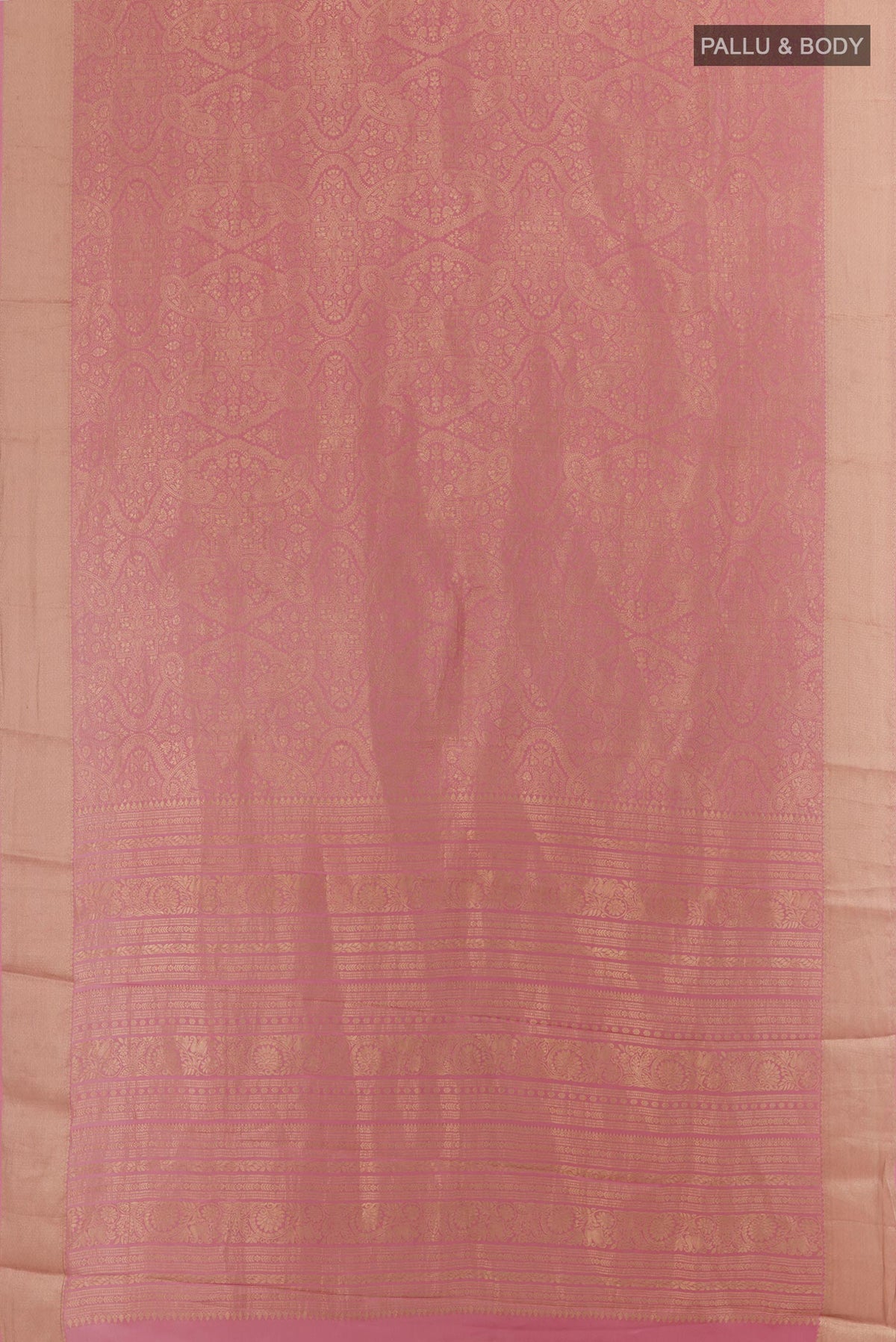 Flat view of Pink Mysore Crepe Saree with Zari Brocade on the body and Zari Border. 